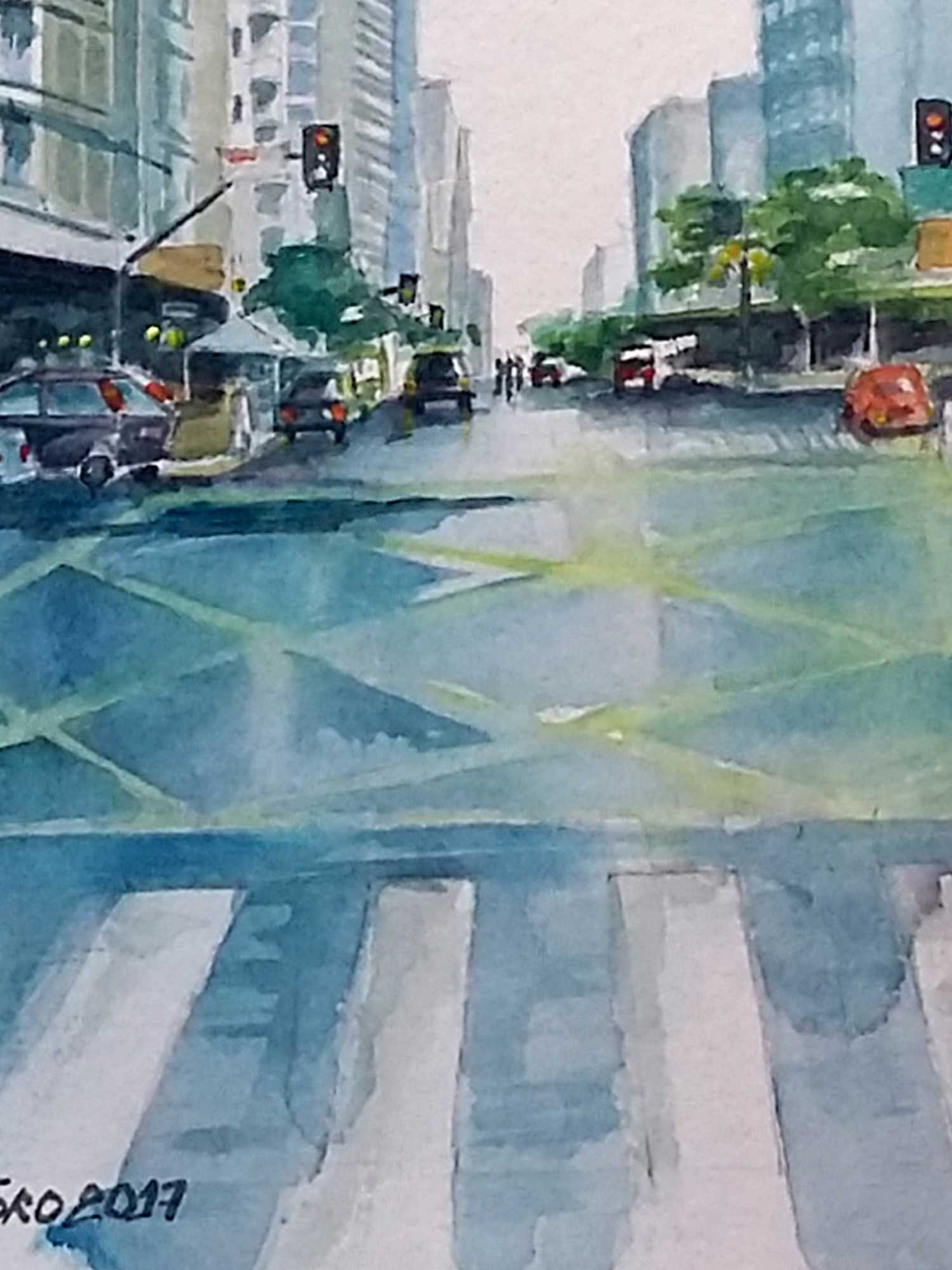 Obra de arte "Av São João" detalhe aquarela - Artista Paulo Di Santoro - Atelier.