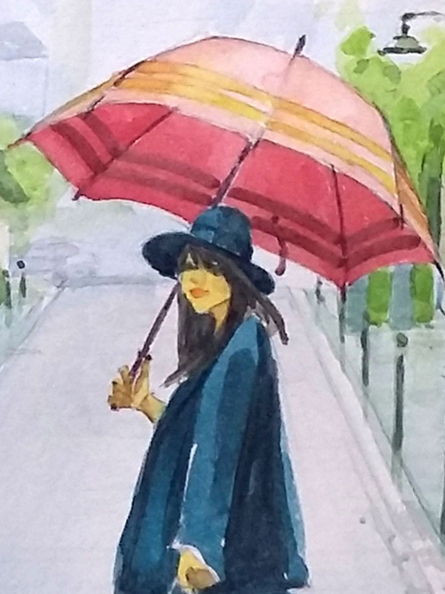 Obra de arte "Mulher com Guarda-chuva" detalhe aquarela - Artista Paulo Di Santoro - Atelier.
