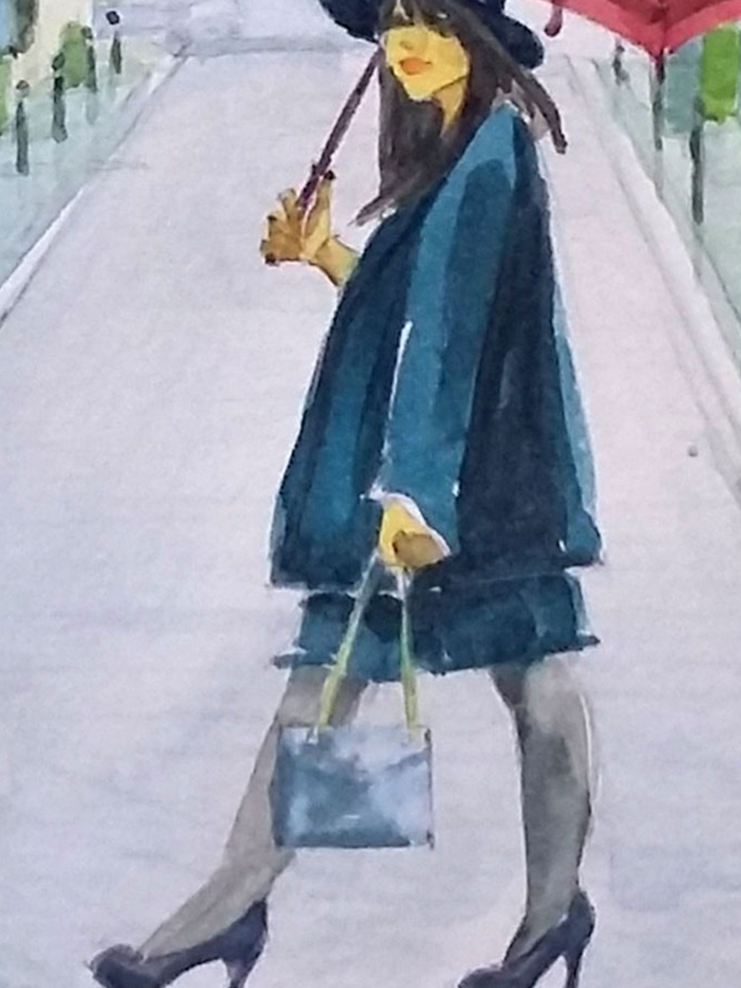 Obra de arte "Mulher com Guarda-chuva" detalhe aquarela - Artista Paulo Di Santoro - Atelier.