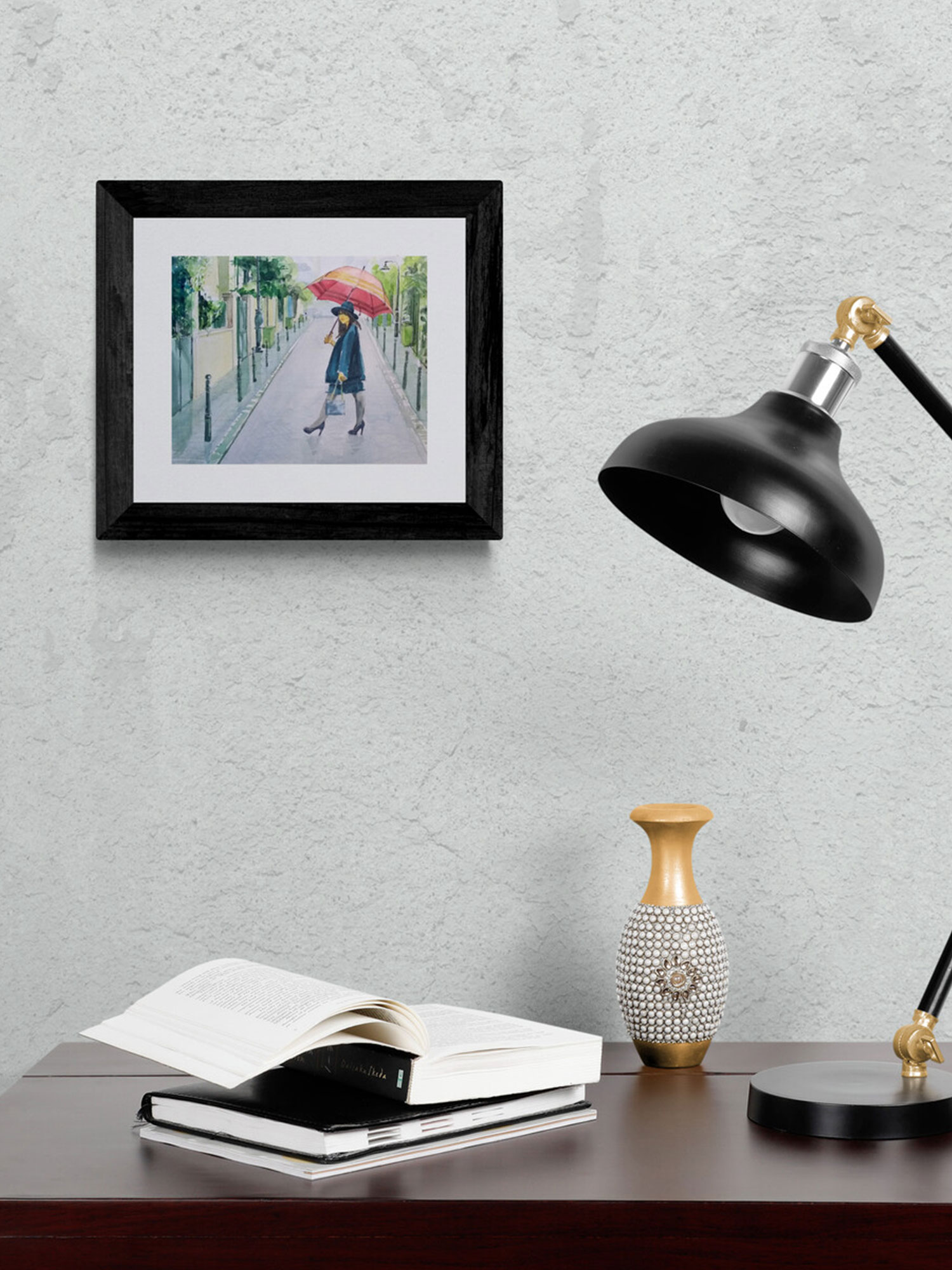 Obra de arte "Mulher com Guarda-chuva" detalhe aquarela - Artista Paulo Di Santoro - Atelier.