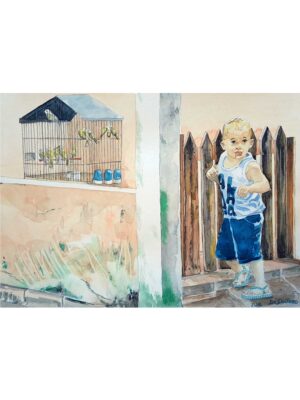 Aquarela "O Menino Com Os Pássaros 02" aquarela - Artista Paulo Di Santoro - Atelier.